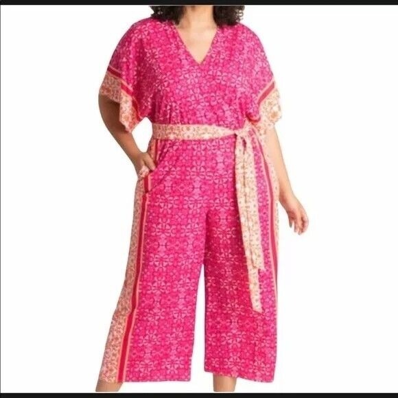 Eloquii Pink Orange Paisley Jumpsuit Wrapped Front Crop Length Size 14 / 16 - Picture 1 of 10